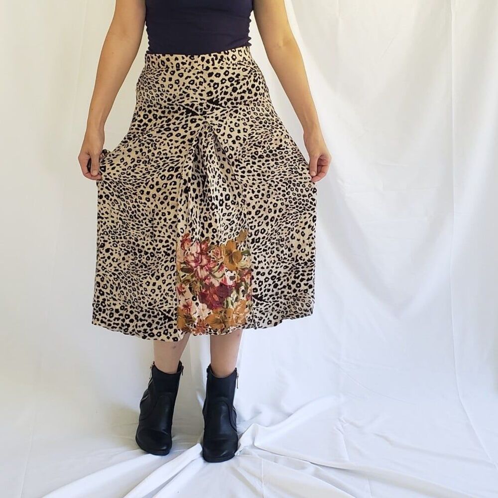 90s Leopard Print Rayon Midi Skirt
